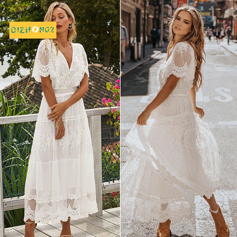 Đầm maxi cổ chữ V tay ngắn màu trắng phối ren thời trang cho nữ
