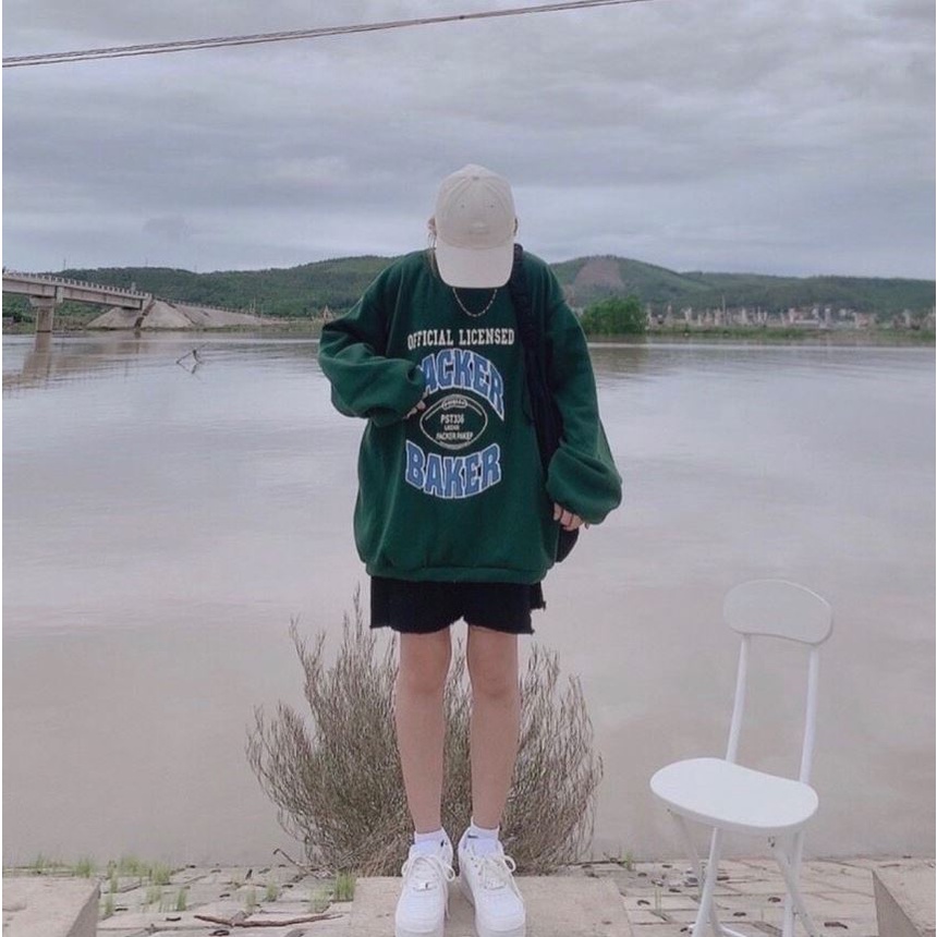 Áo Nỉ Packer Nữ MEESTORE - Sweater Dáng Rộng Tay Bồng, Hoodie In Chữ Màu Xanh Lá Hottrend Phong Cách Hàn Quốc