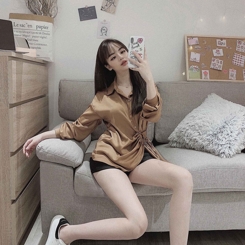 Áo kiểu sơ mi nữ HQ Hàn Quốc đẹp form dáng rộng bigsize tay dài rút dây lệch eo vạt chéo tiểu thư bánh bèo dễ thương | BigBuy360 - bigbuy360.vn