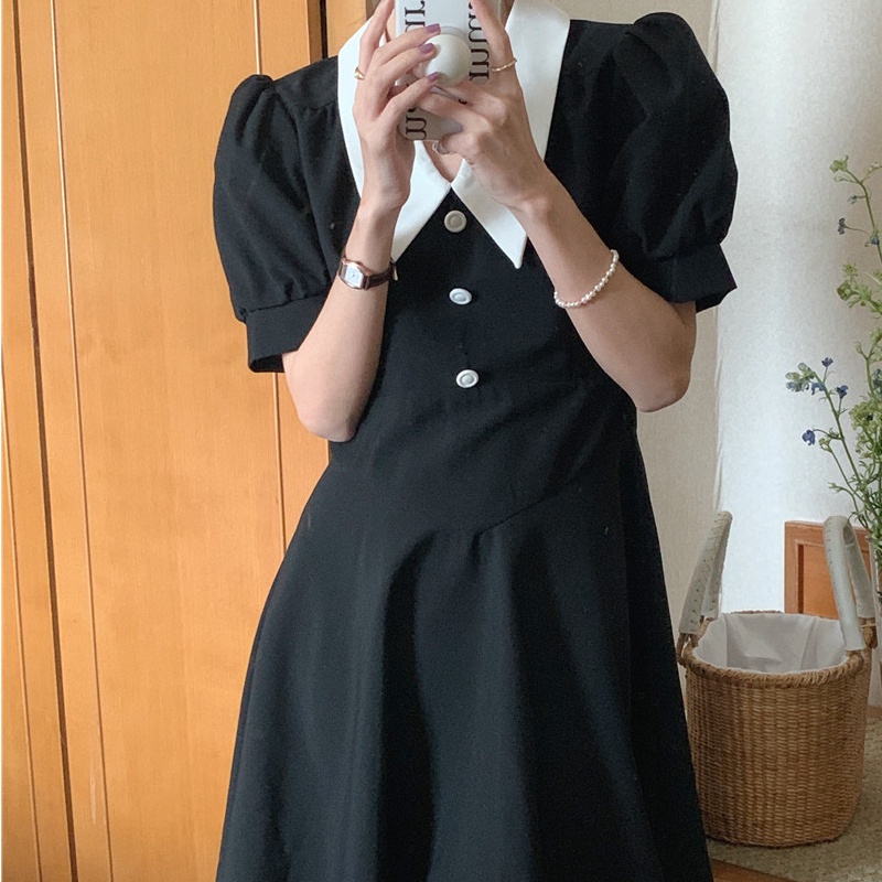 SUXI Đầm Tay Ngắn Màu Sắc Trơn Phong Cách Vintage Hàn Quốc