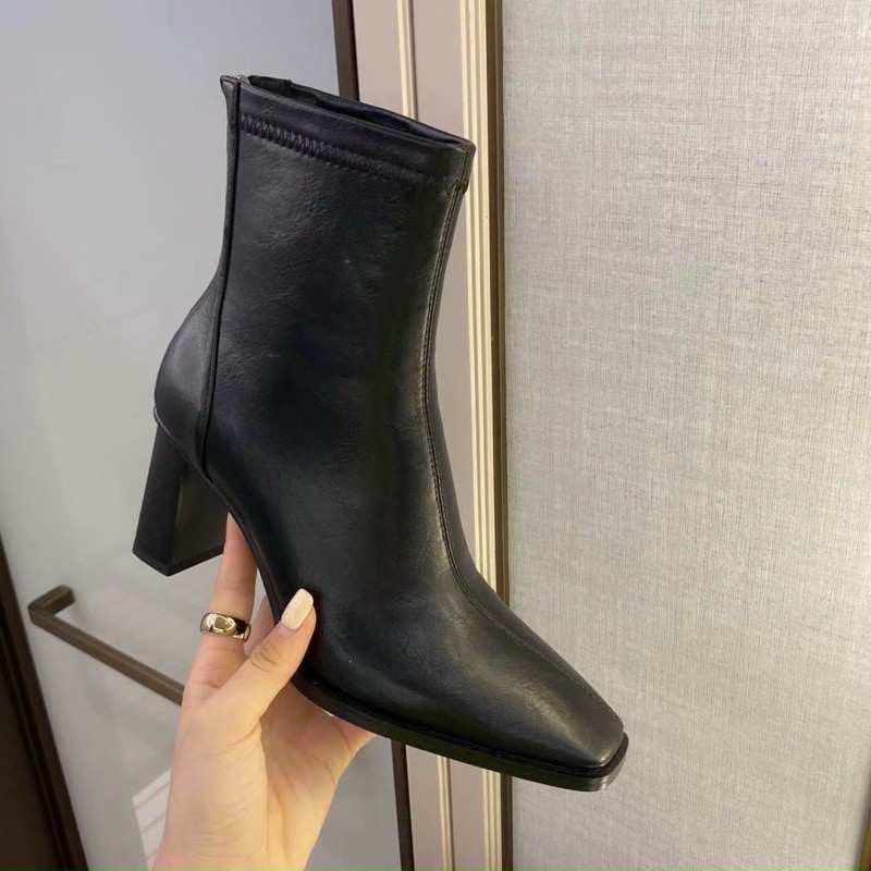 Bốt boot lửng da lì gót trụ fullbox hàng quảng châu cao cấp