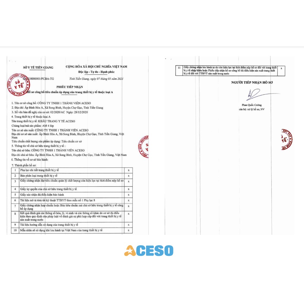 Khẩu trang kháng khuẩn 4 lớp Aceso - Tiêu chuẩn TCVN 8389-1 và ISO 13485: 2016.