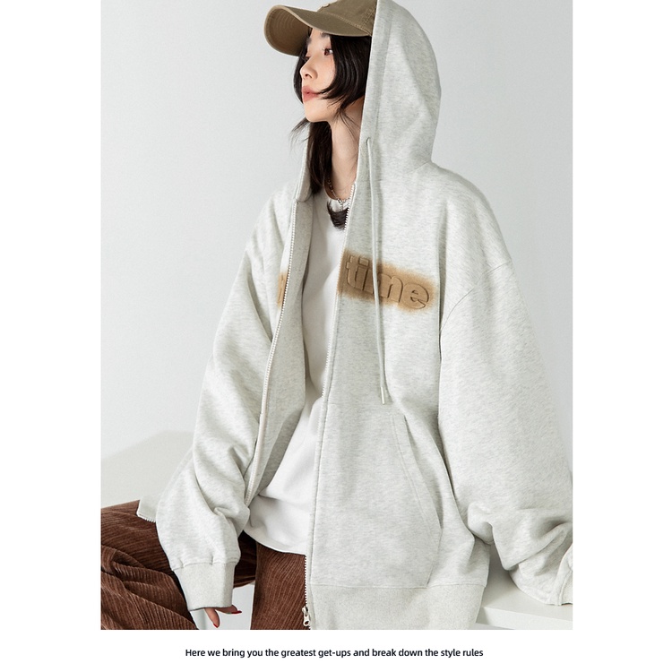 Áo Khoác Hoodie Dáng Rộng Có Khóa Kéo In Chữ Thời Trang Xuân Thu Cho Nữ