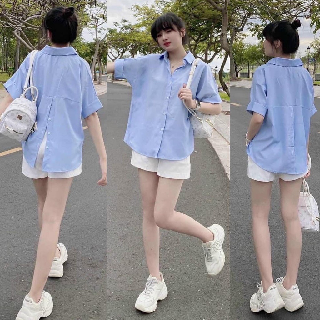 SET ÁO SƠ MI XANH NÚT LƯNG + SHORT TRẮNG
