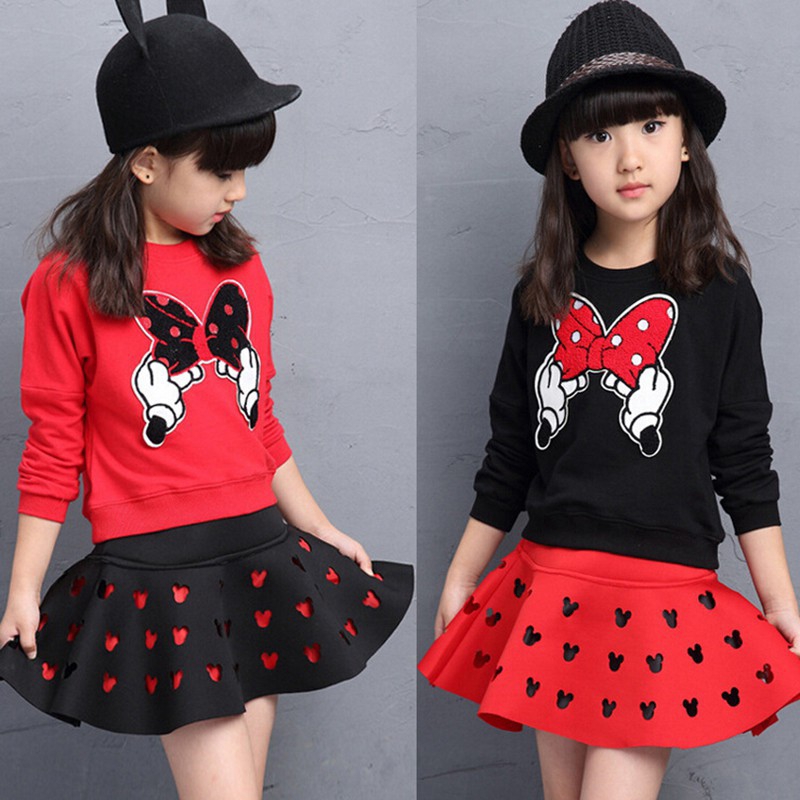 Bộ Trang Phục 2 Mảnh Áo Hoodie In Hình Chuột Minnie + Chân Váy Dành Cho Bé Gái
