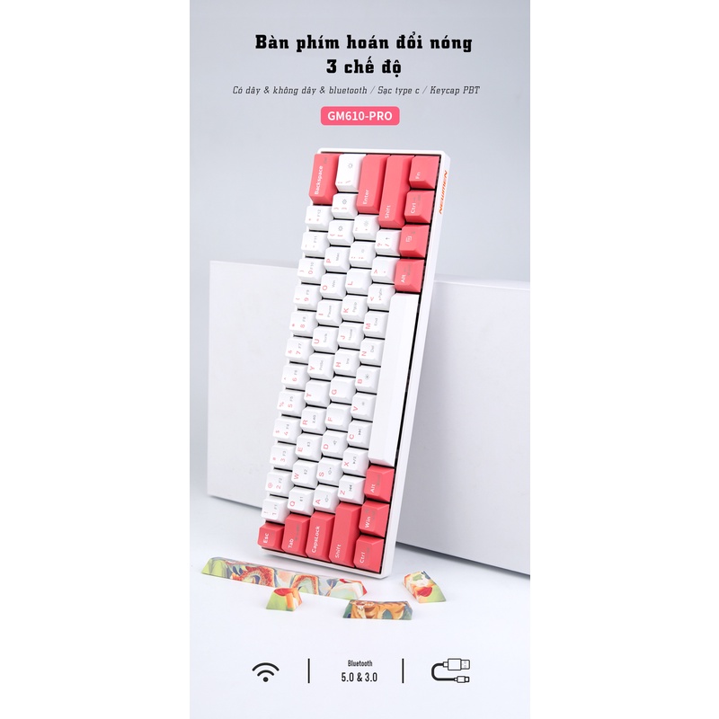 Bàn phím cơ không dây Dual Mode Newmen GM610 Pro,tặng kèm bộ 4 keycap rồng-hổ, bh 24 tháng,tương thích PC/Laptop/Mac/...