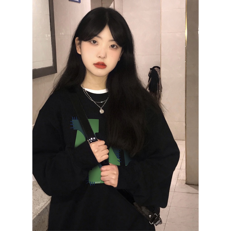 SELVZE Áo sweater tay dài cổ tròn in họa tiết vintage mỹ cho nữ