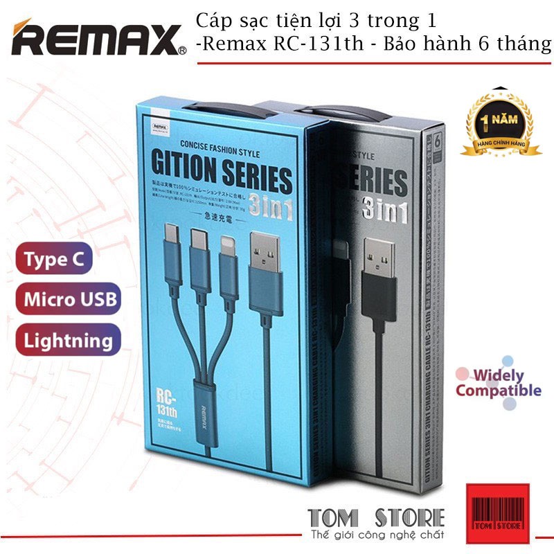 Cáp sạc 3 đầu lightning, Micro USB, Type C Remax rc-131th -Bảo hành 12 tháng