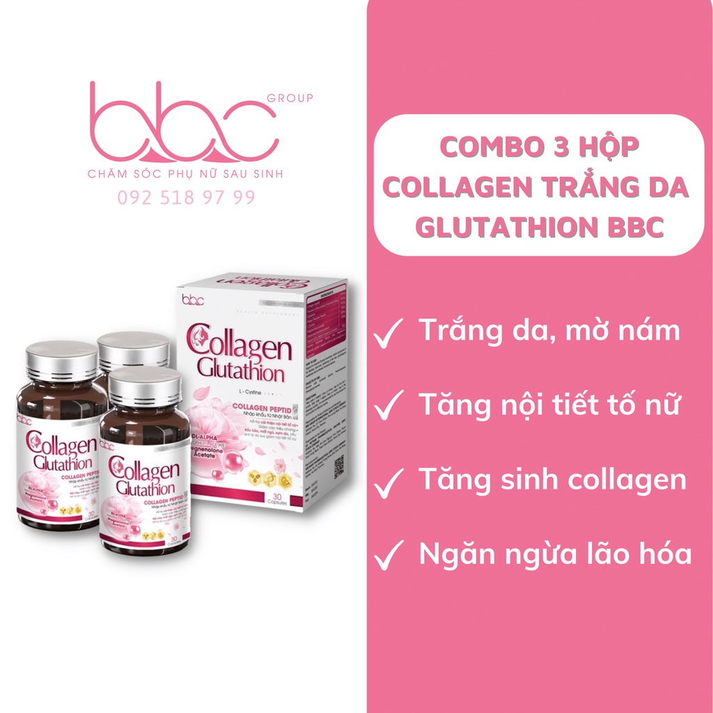 BBC COLLAGEN GLUTATHION trắng da mờ nám tăng nội tiết tố, combo3 hộp