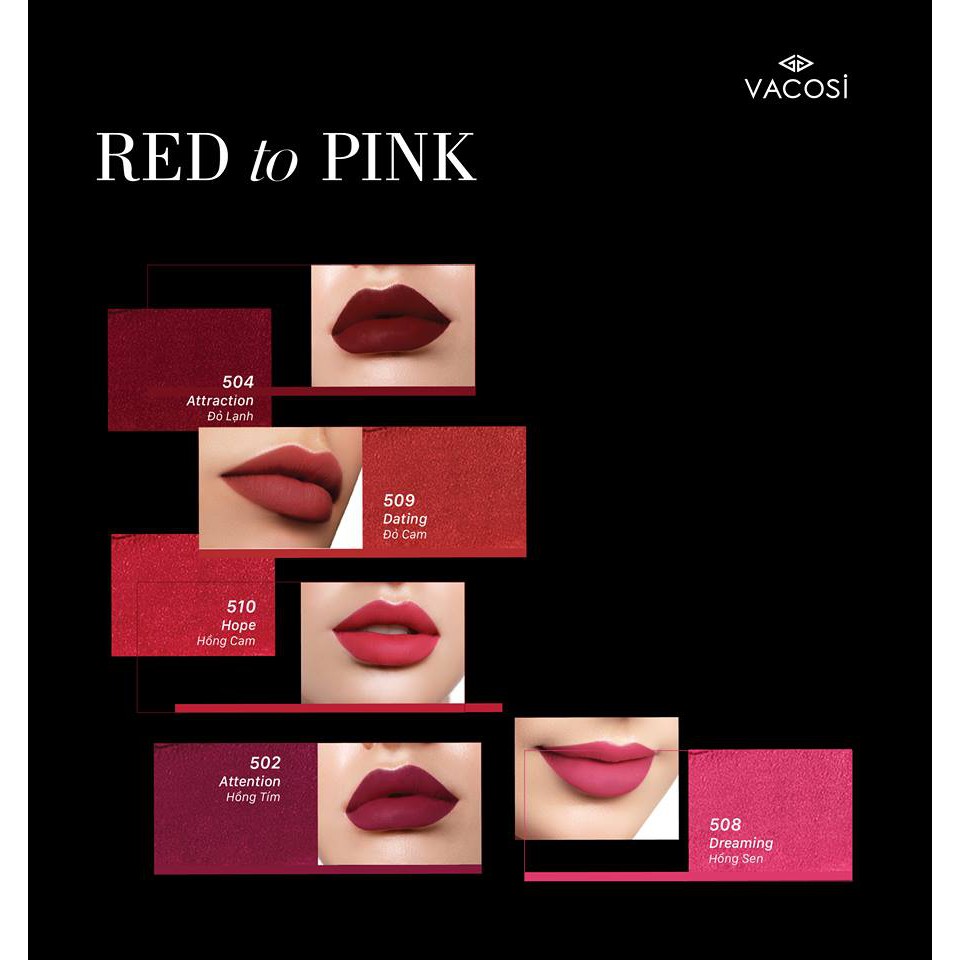 Son lì mịn môi VACOSI MATTE LIPSTICK che vân môi độ bám màu đến 12H