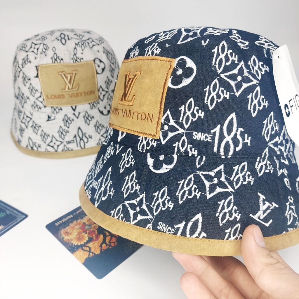 Nón vành , Mũ bucket tròn LV logo da lộn họa tiết đẹp from 56 - 58  có 2 màu