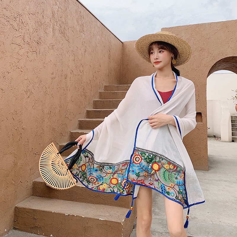 Khăn Choàng Đi Biển Chống Nắng Bằng Lụa Cotton Lanh Phối Ren Tua Rua Thêu Họa Tiết 24H Cho Nữ