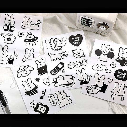 Set 4 sticker trắng đen hình thỏ gấu cún ngộ nghĩnh cute bằng nhựa PET không thấm nước trang trí sổ tay, bình nước, DIY