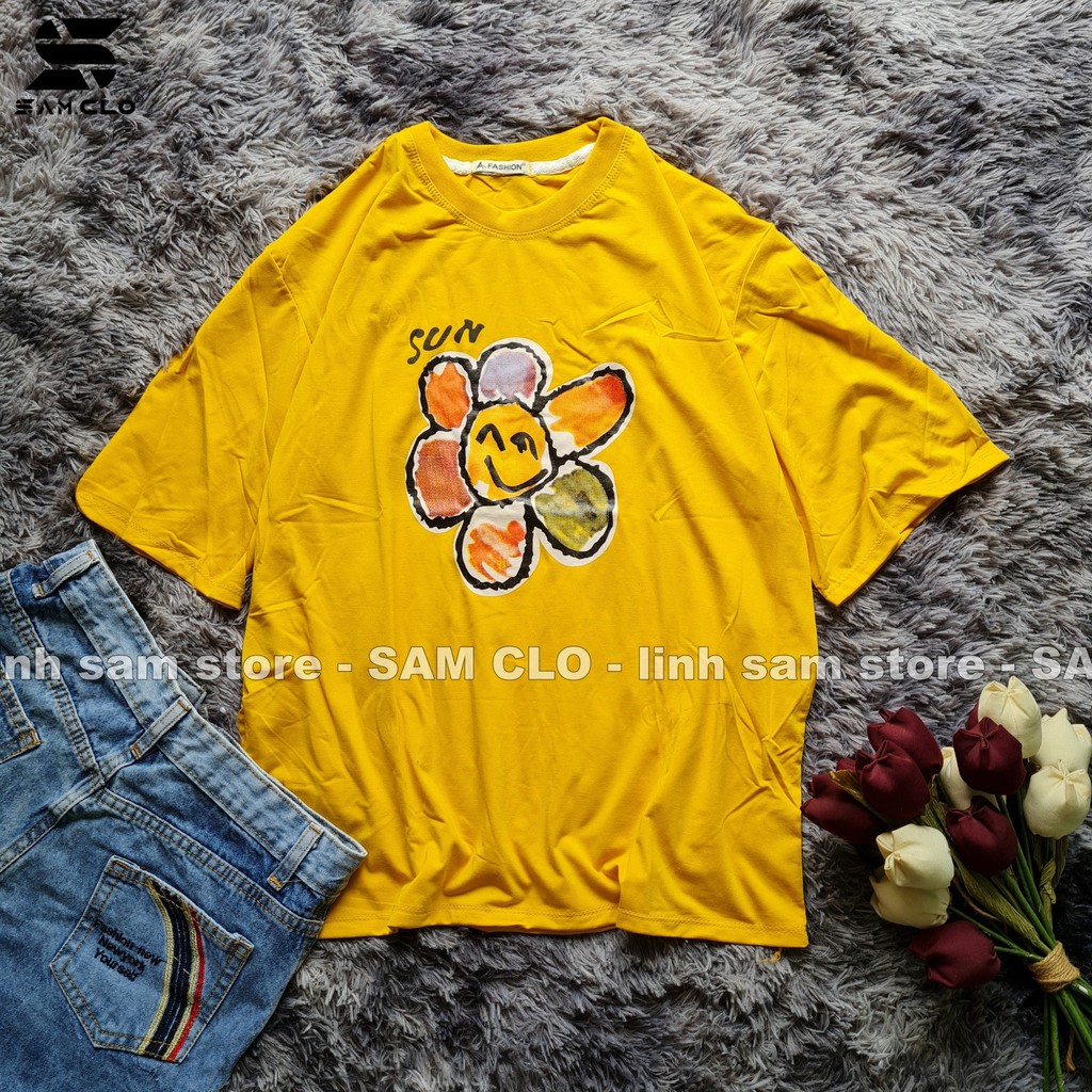 Áo thun nữ tay lỡ freesize phông form rộng dáng Unisex, mặc lớp, nhóm, cặp in hình HOA CÚC 7 MÀU CHỮ SUN màu vàng