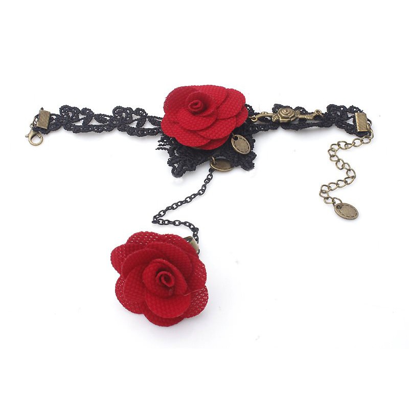 Vòng tay choker nữ chất liệu vải ren hoa hồng liền nhẫn sang chảnh