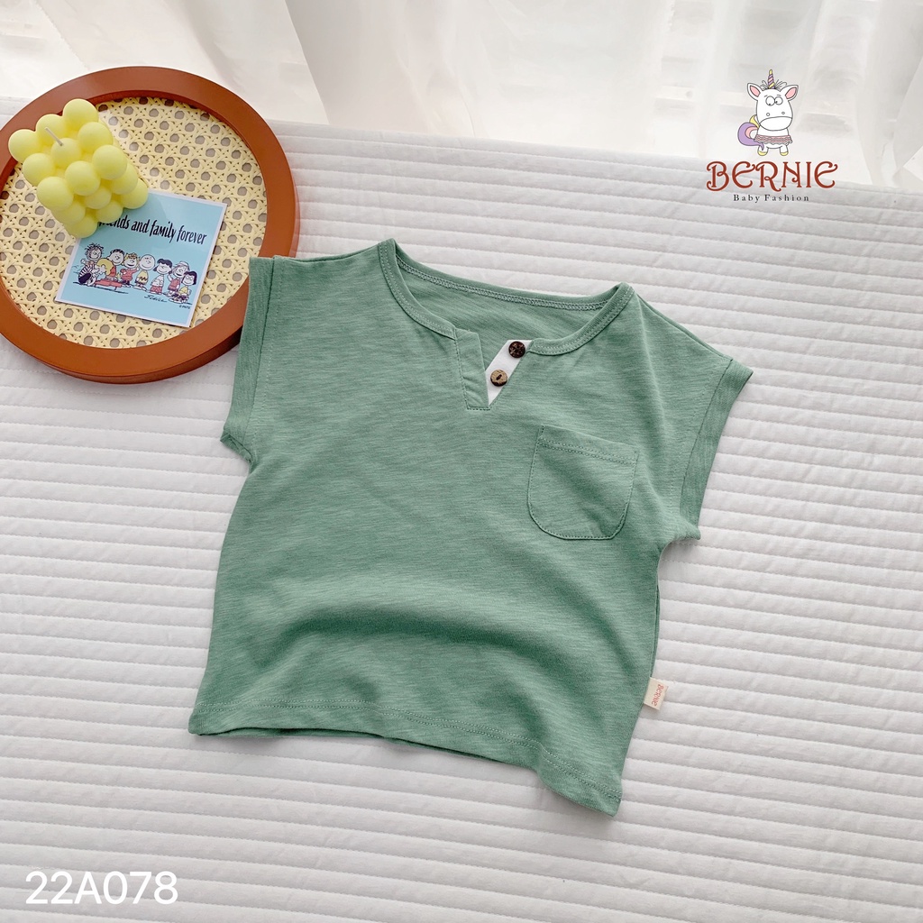 Aó phông cộc tay cổ xẻ V 2 cúc cotton xước mềm mát berner jinro ba by thời trang cho bé