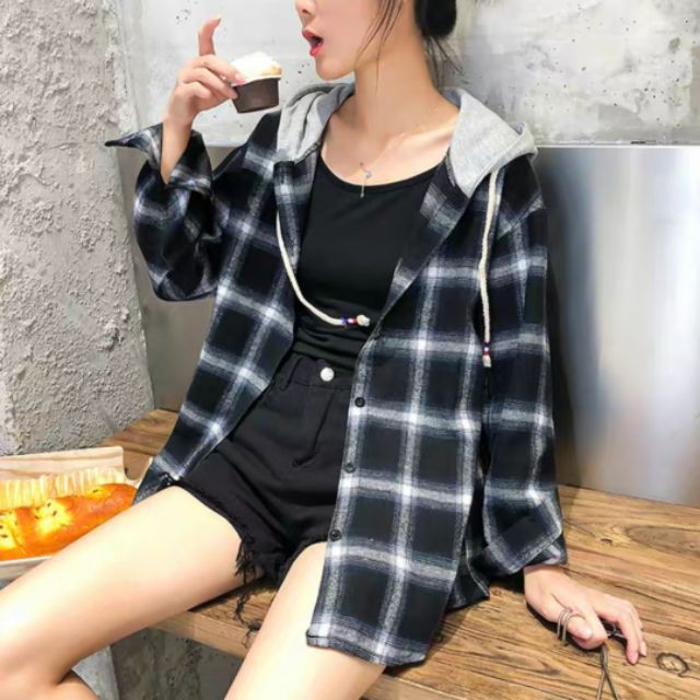 [CHẤT ĐẸP] ÁO KHOÁC SƠ MI FLANEL KẺ CARO CÓ NÓN UNISEX TT30 siêu hot