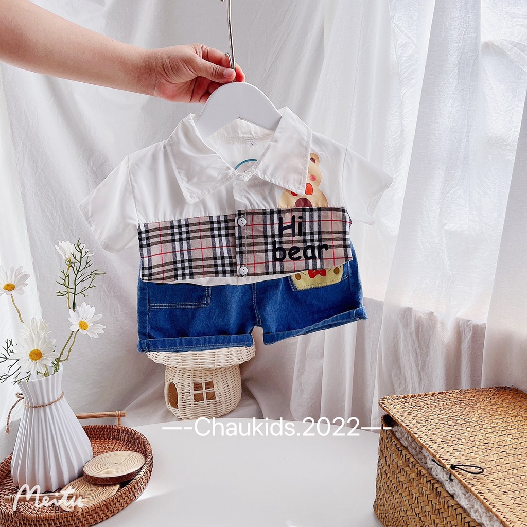 Bộ đồ bé trai, bộ sơ mi áo gấu cho bé trai siêu hot cho bé đến trường DOBO045