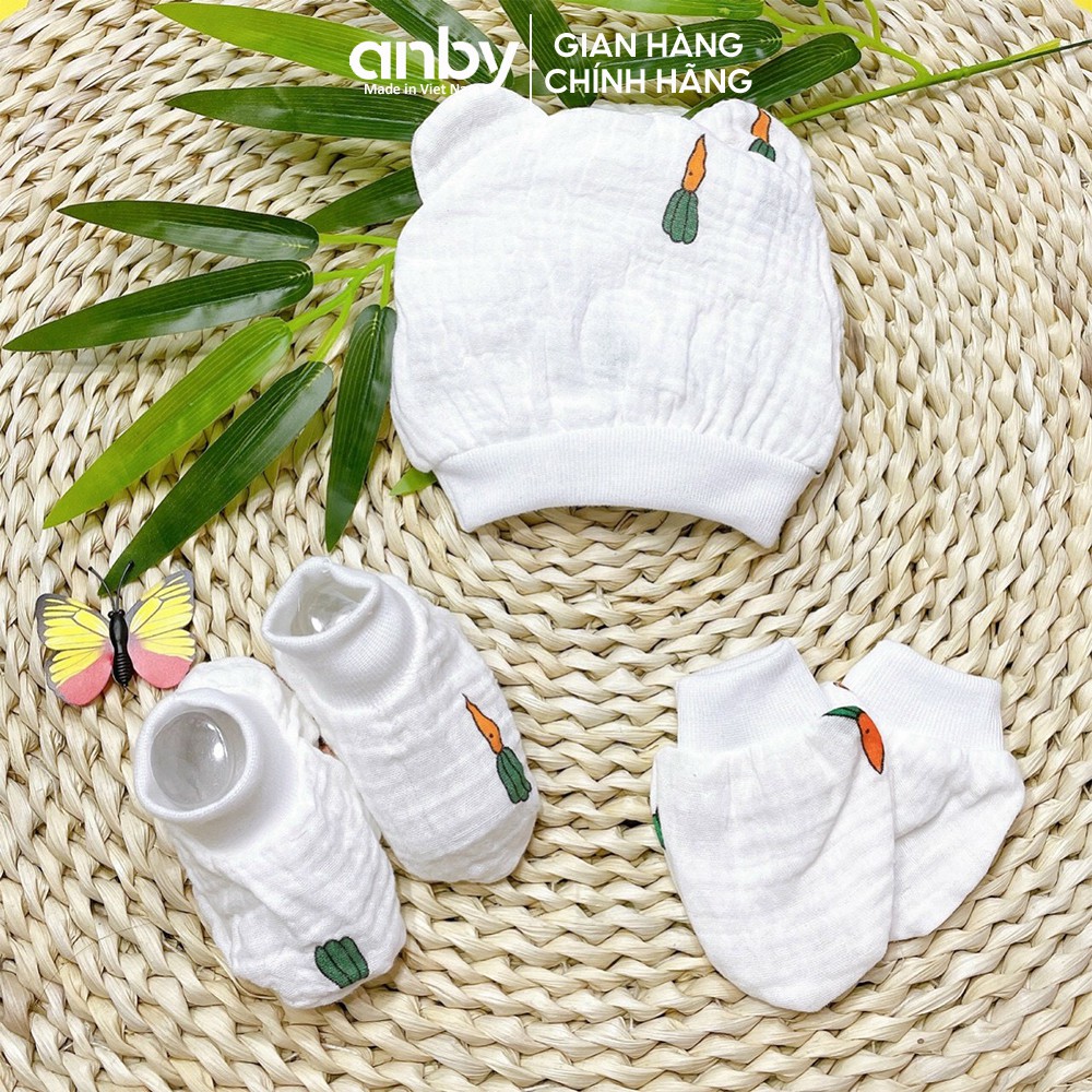 Set bao chân tay và mũ đội bảo vệ đầu cho bé sơ sinh ANBY vải xô họa tiết đáng yêu