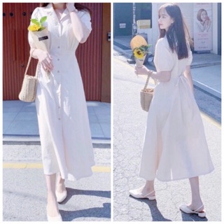 Đầm sơ mi váy công sở màu trắng form dài thắt eo (kèm hình thật)