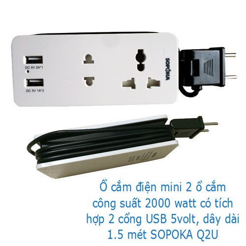 Sạc tích hợp 2 cổng USB 5V-2A  có ổ cắm điện đa năng chịu tải 2200W , Sopoka Q2U