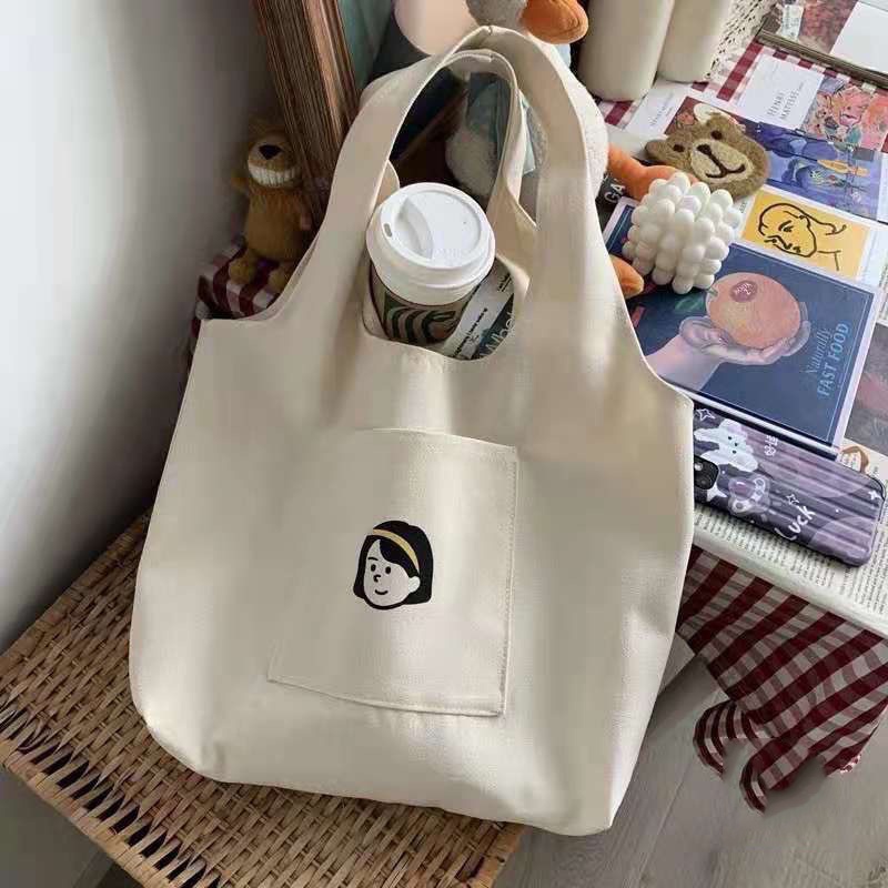 Túi tote vải canvas đi học đi chơi có túi nhỏ xinh in Girl băng đô AH1635