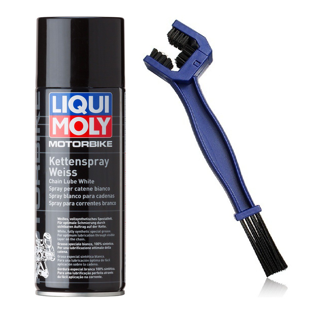 Bộ sản phẩm dưỡng sên Liqui Moly Motor Bike Chain Lube 400ml &amp; Cây Chà Sên