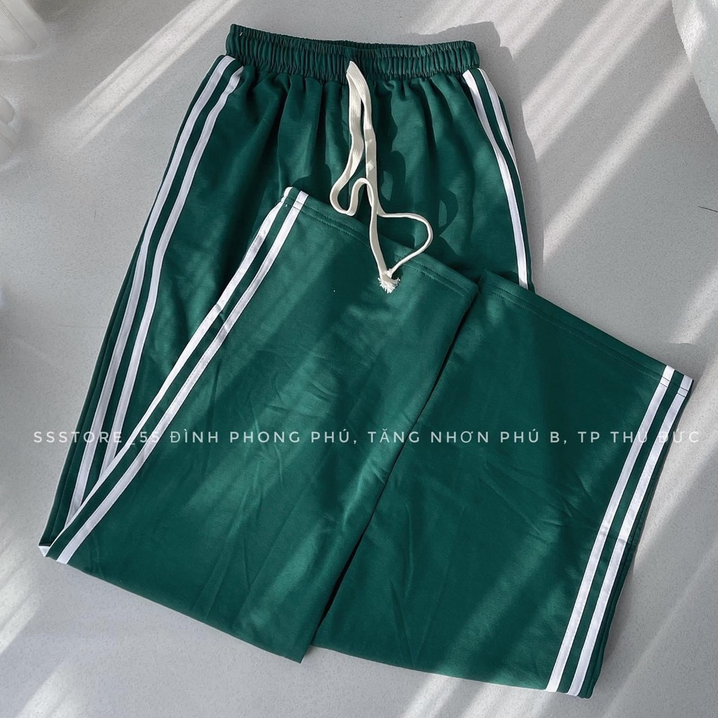 Quần 3 sọc xanh lá kiểu dáng culottes suông ống rộng cạp cao thể thao, bánh bèo tiểu thư hàn quốc đẹp