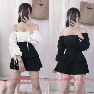 Set áo bẹt vai tay nhun phối chân váy tầng