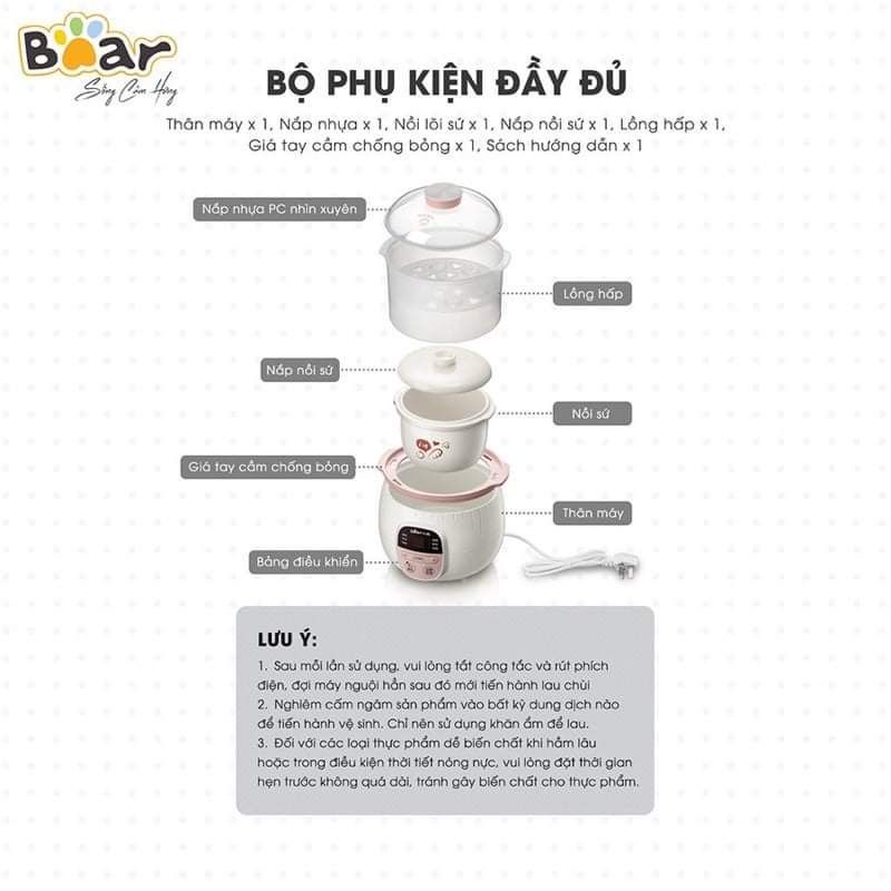 Nồi nấu cháo cho bé_Nồi nấu chậm,Hầm cháo đa năng, Kèm lồng hấp Bear dung tích 0.8L Bảo Hành 12 Tháng