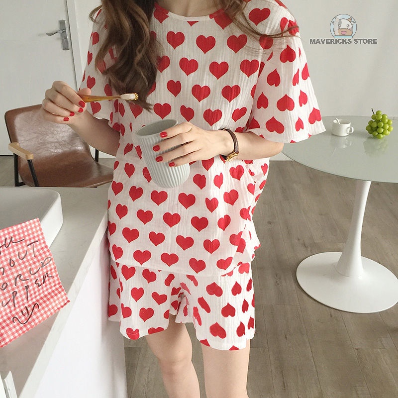 Bộ đồ ngủ tay ngắn cổ tròn dáng rộng in hình trái tim màu vàng phong cách Hàn Quốc thời trang mùa hè cho nữ