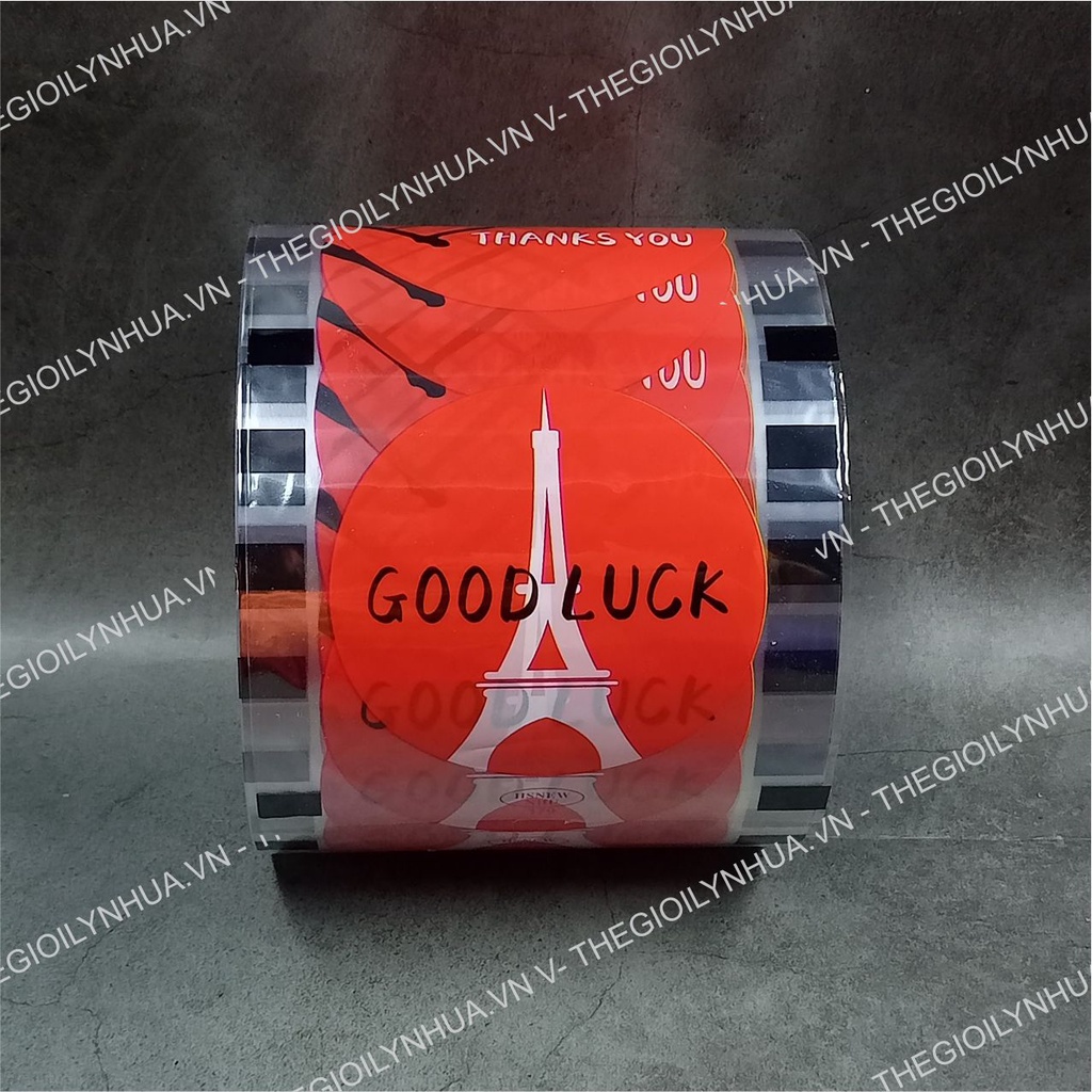 Cuộn dập cốc nhựa, màng dập cốc trà sữa, cuộn màng dán nắp cốc nhựa in sẵn 2400 ly mã 179 Good Luck