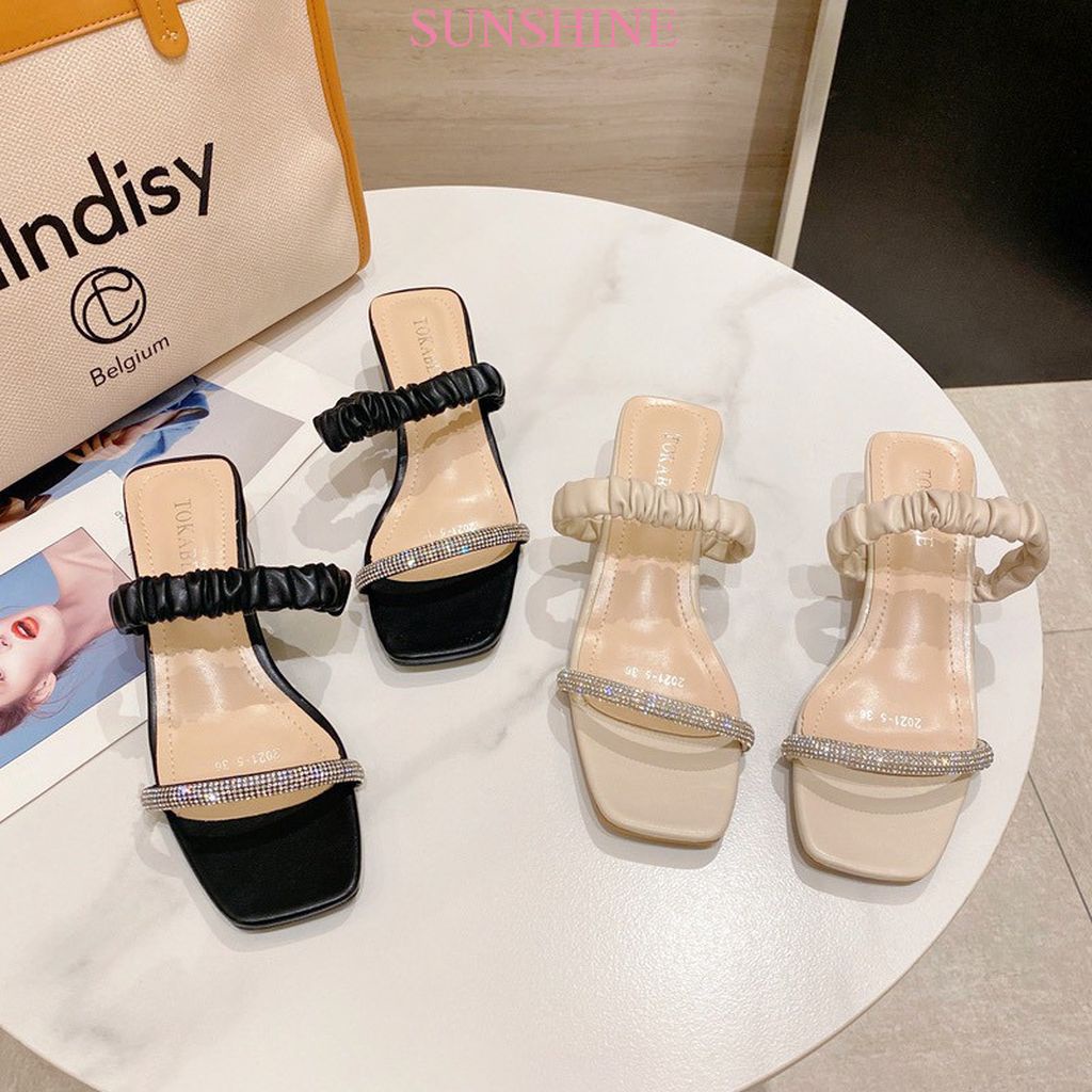 Sandal đế vuông, dép cao gót đế vuông quai đính đá Sunshine_Store A004