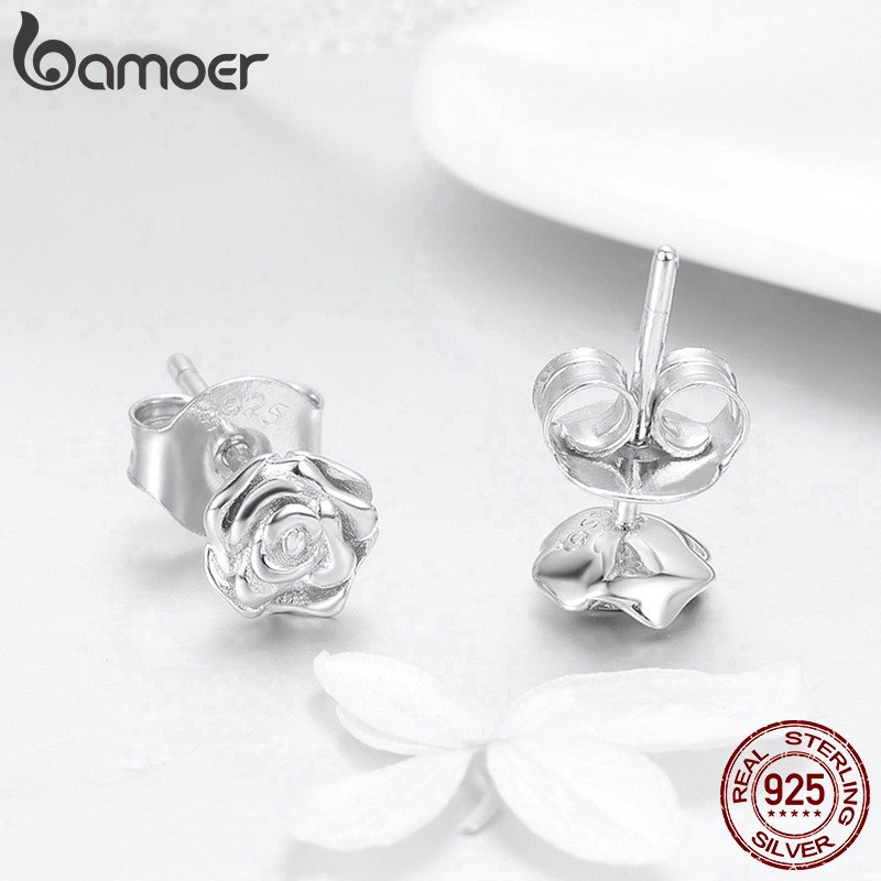 Hoa tai Bamoer bạc 925 hình hoa hồng thời trang