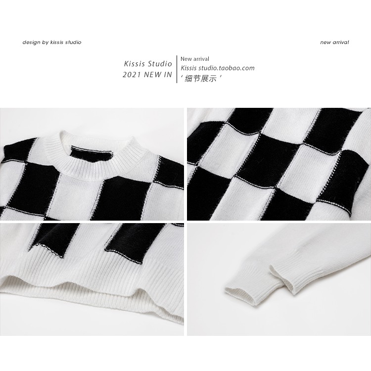 Áo sweater dáng ngắn họa tiết kẻ ô vuông màu trắng đen phong cách Hàn Quốc dễ phối đồ