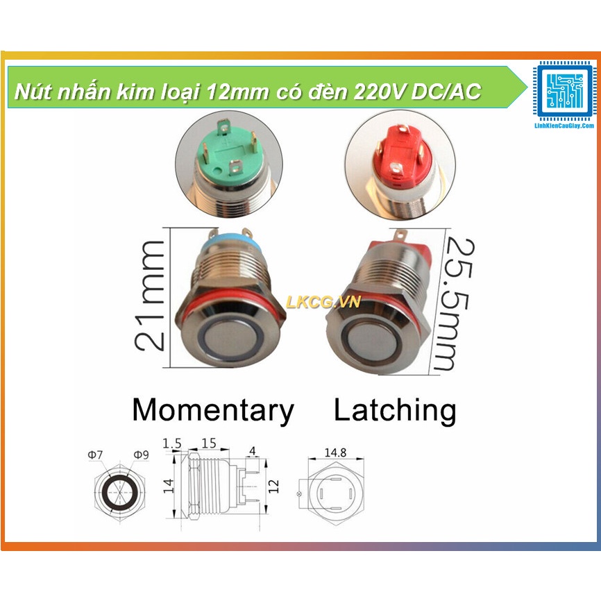 Nút nhấn kim loại 12mm có đèn 220V