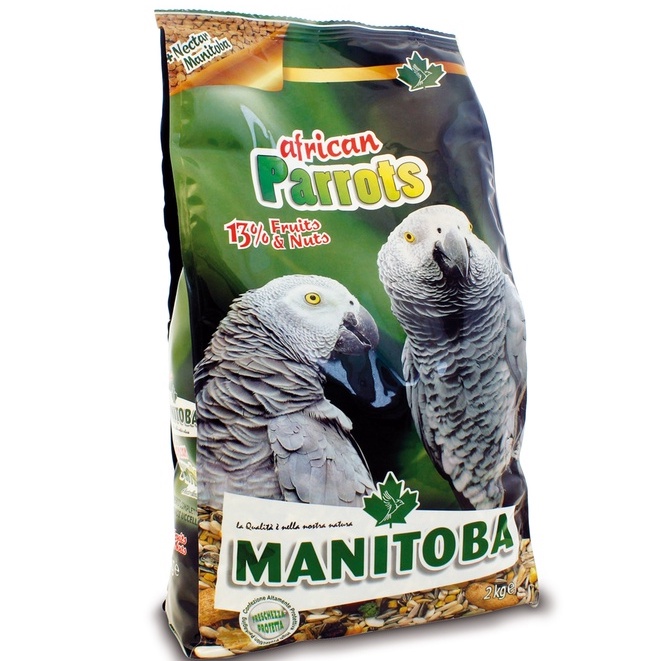 hạt trộn hoàn chỉnh AFRICAN PARROTS gói nguyên 2KG của MANITOBA chuyên dùng cho tất cả dòng vẹt xám Châu Phi