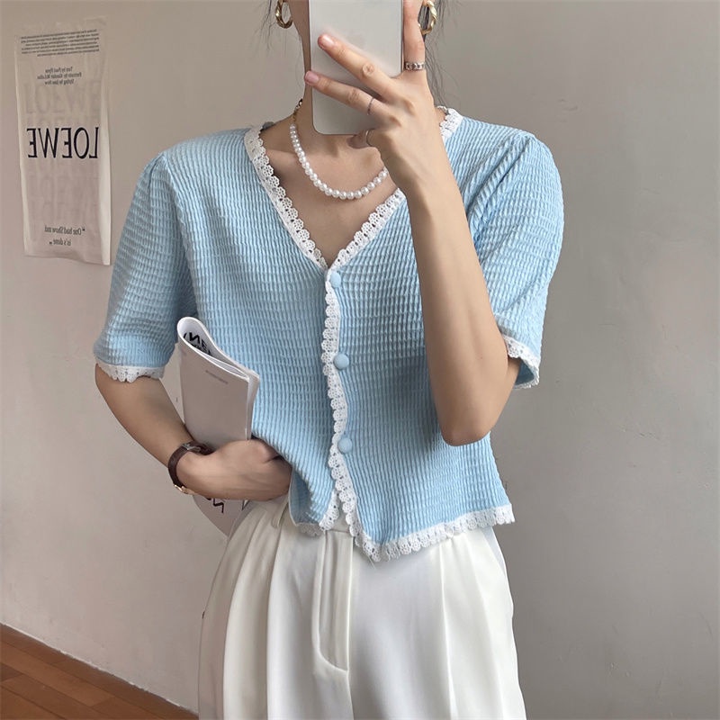 Áo Kiểu Tay Ngắn Cổ Chữ V Thiết Kế Mới Thời Trang Mùa Hè Dành Cho Nữ