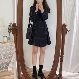 Order váy dài dáng xoè thắt eo kẻ caro ulzzang