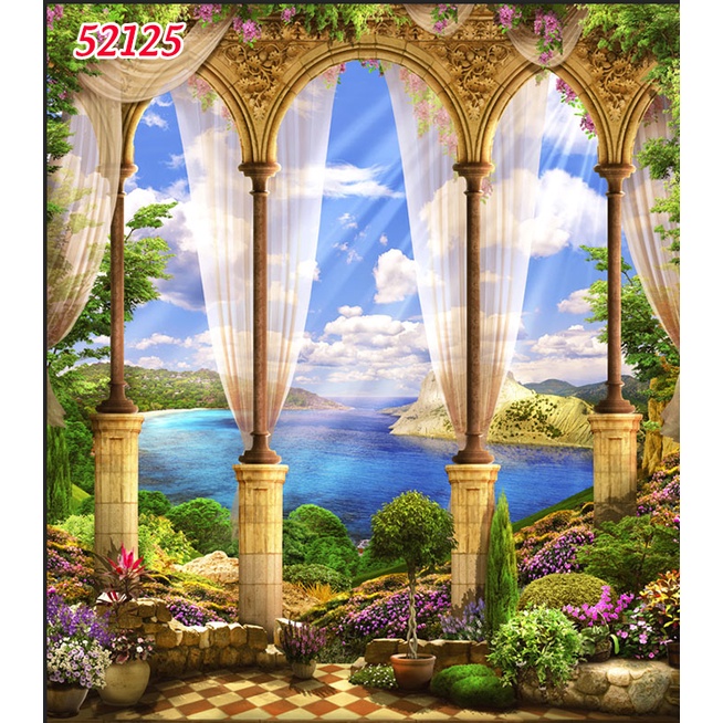 Tranh dán tường 3d cửa sổ thoáng mát tạo cảm giác thoải mái, tự nhiên