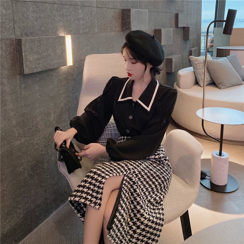 Áo sơ mi tay dài màu đen/ Chân váy dài lưng cao IELGY thiết kế thời trang cho nữ