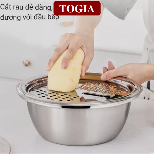 Bộ Nạo Rau Củ 3in1  Bào Nạo Rau Củ Kiêm Rổ và Chậu Inox Cao cấp Đa Năng, Tiện Lợi Đường Kính 26cm