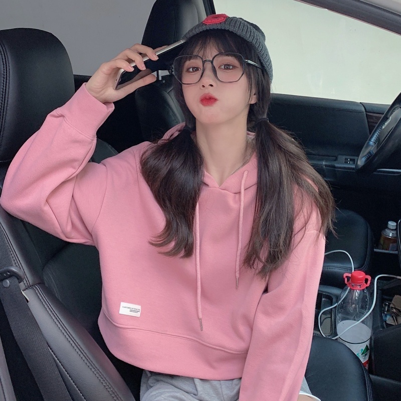 Xiaozhainv Áo hoodie dáng ngắn tay dài màu trơn thoải mái thời trang cho nữ | BigBuy360 - bigbuy360.vn