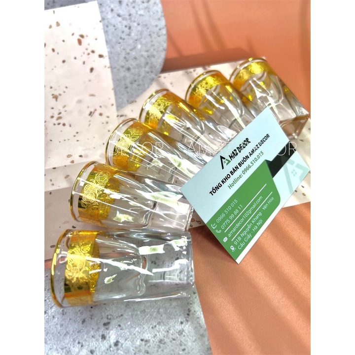 Bộ 6 chén ly rượu thủy tinh đế vuông dày cao cấp sang trọng họa tiết khảm họa tiết vàng