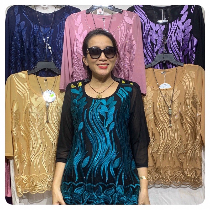 Áo thun voan trung niên cao cấp giao hoa văn ngẫu nhiên