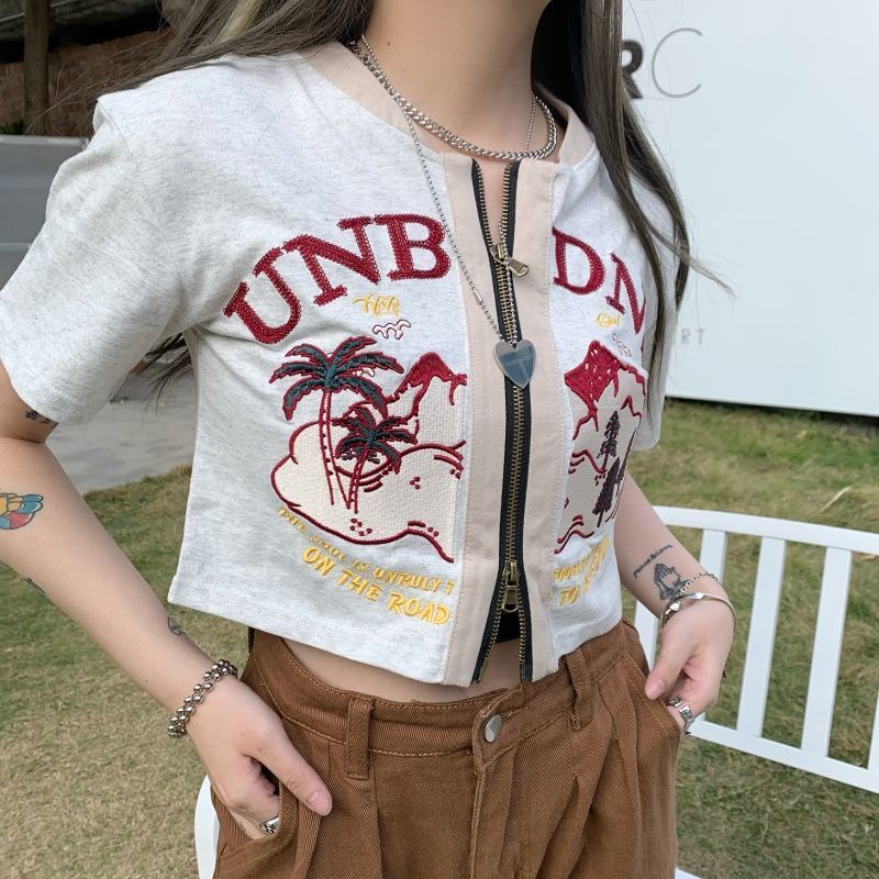 Áo thun cardigan ngắn tay dáng ôm phong thời trang xuân cách retro Mỹ đường phố cá tính