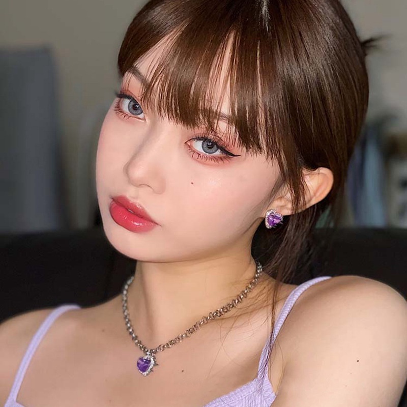 Bộ trang sức gồm nhẫn/ vòng cổ/ hoa tai hình trái tim màu tím thời trang