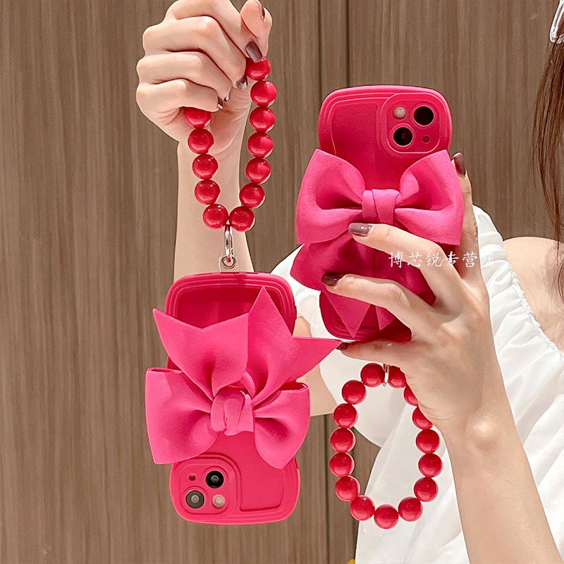 Ốp Điện Thoại Mềm Họa Tiết Hoa Hồng Thắt Nơ Đỏ Nữ Tính Gắn Dây Đeo Cổ Tay Cho Iphone 13 11 12promax xr xs 14