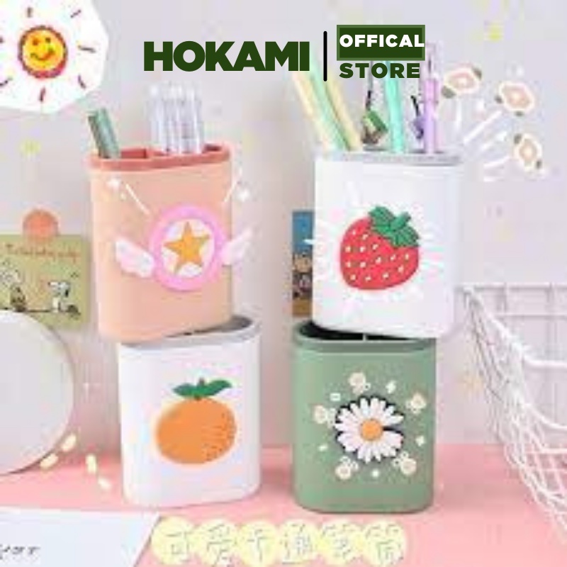 Hộp đựng bút 2 ngăn nhựa để bàn làm việc văn phòng kiểu dáng Hàn Quốc cute, ống đựng bút  gắn sticker xinh xắn - HOKAMI