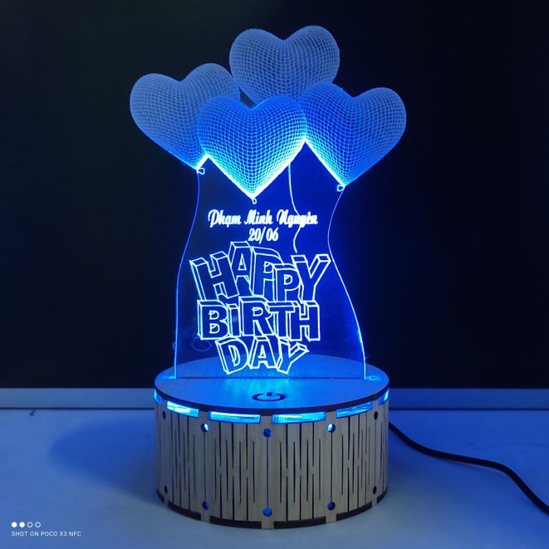 Đèn Ngủ Đế Gỗ Led 3D - Love Happy Birthday